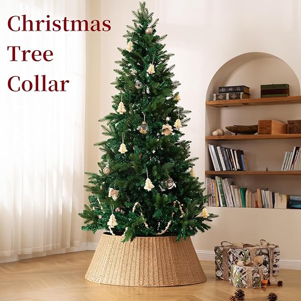 36IN EXTRA LARGE CHRISTMAS TREE COLLAR – WICKER WOVEN TREE COLLARS FOR ARTIFICIAL TREES – LARGE RATTAN RUSTIC FARMHOUSE BASKET FOR TREE BASE COVER WITH CORD CUT-OUT FOR 7.5FT 9FT 12FT TREE(NATURAL)