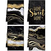 Geyoga 4 Pcs Black and Gold Marble Kitchen Towels Decor | Bathroom Hand Dish Towels Set, Soft Microfiber, 16 x 24", Absorbent for Drying Dishes, Home , Modern Kitchen Accessory