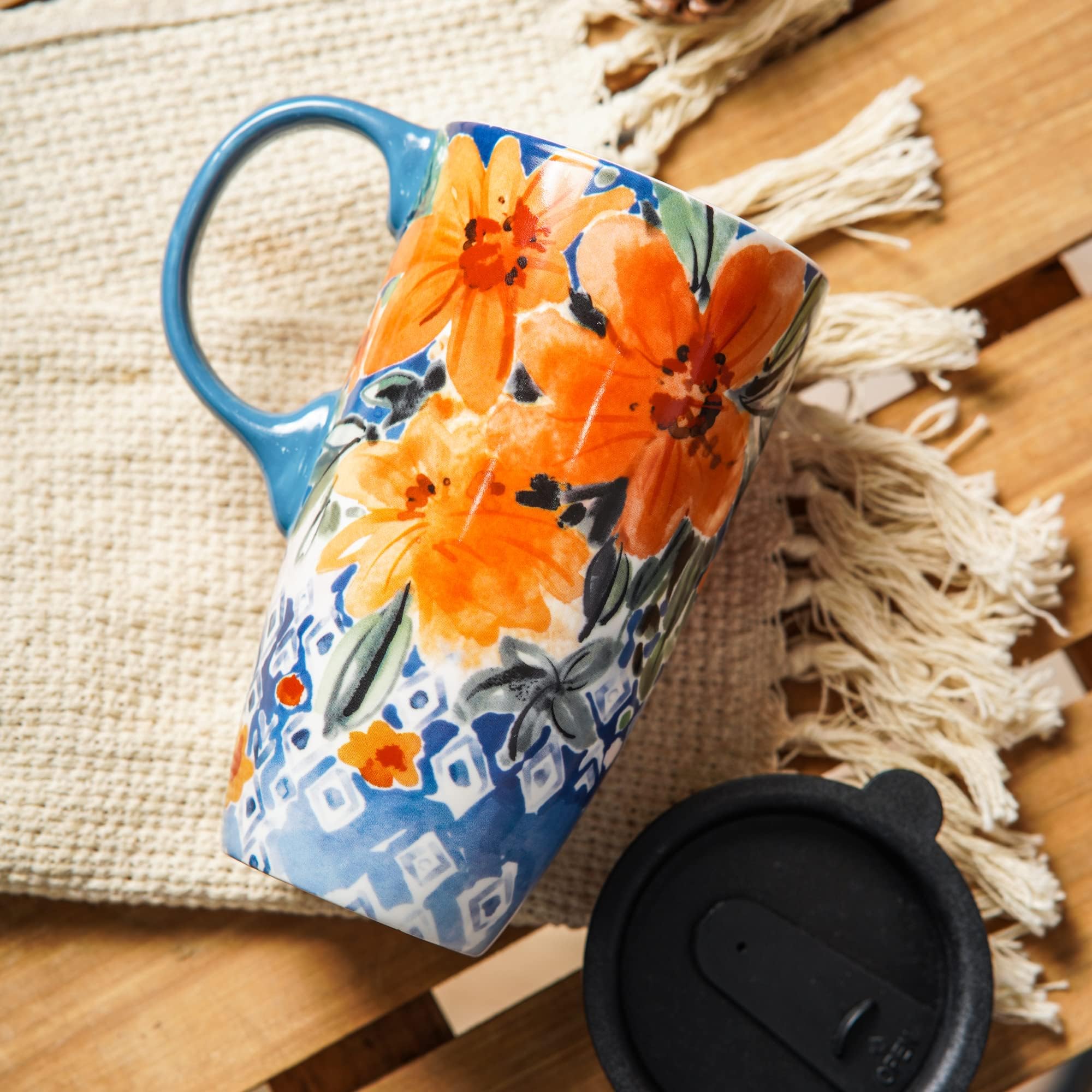 DUSVALLY Ceramic Mug Large Coffee Cups Tall Mug Porcelain Latte Tea Cup with Lid and Handle 17oz,Big Orange Flower