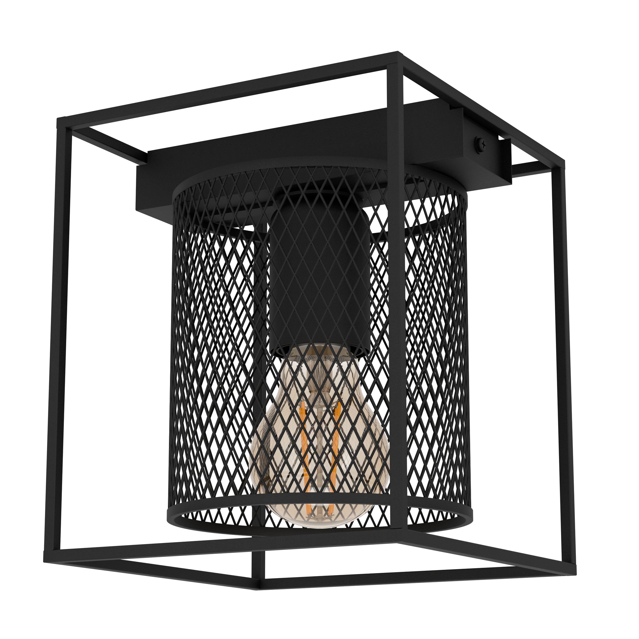 Eglo Ceiling Light Fitting Catterick, Square lamp in Industrial Design, mesh cage Light Fixture Made of Black Metal Flush Mount Living Room Lighting, E27 Socket