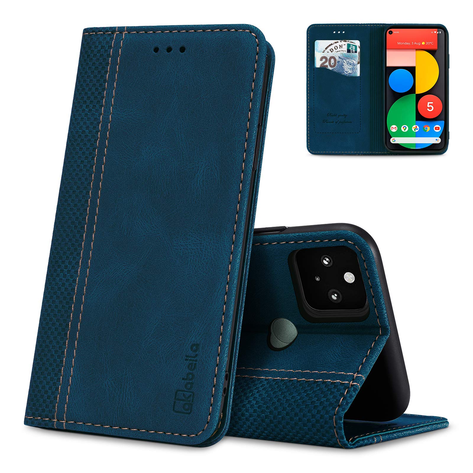AKABEILA Case for Google Pixel 5 Premium Leather Flip Wallet Case with Magnetic Closure Kickstand Card Slots Folio Phone Case Cover Shockproof Blue — image 1