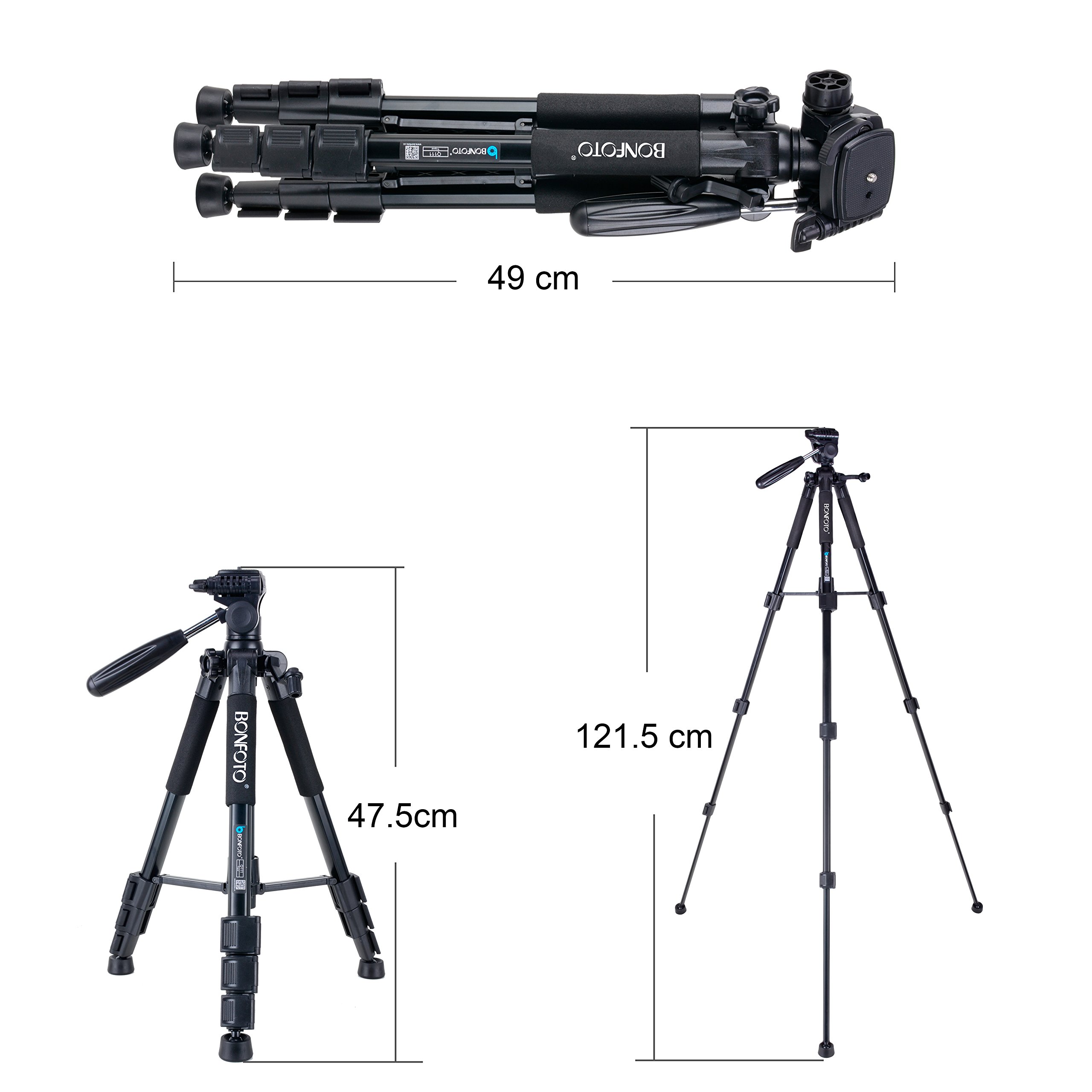 BONFOTO Q111 55-Inch Professional Compact Aluminum Camera Tripod Camcorder Stand with Pan Head Plate and Phone Holder Mount for DSLR Canon Nikon Sony DV Video and Smartphones(Black)