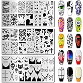 Arbuya Halloween Nail Art Stamping Plates Set of 3 - Mummy, Pumpkin, Bats, Skull, Blood Drops & French Tips - Stainless Steel Manicure Art Tools for DIY Print Manicure Salon Design Gift Supplies