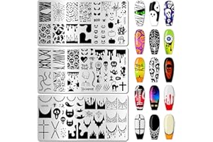 Arbuya Halloween Nail Art Stamping Plates Set of 3 - Mummy, Pumpkin, Bats, Skull, Blood Drops & French Tips - Stainless Steel Manicure Art Tools for DIY Print Manicure Salon Design Gift Supplies