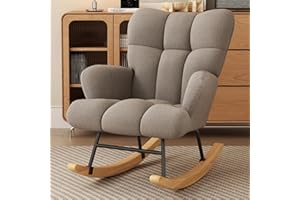 VIRRMO Glider Rocking Chair Nursery, Comfy Accent Chair Armchair with High Backrest Teddy Soft Upholstered Living Room Chairs for Reading Bedroom Living Room Home Offices Nursery (Khaki)