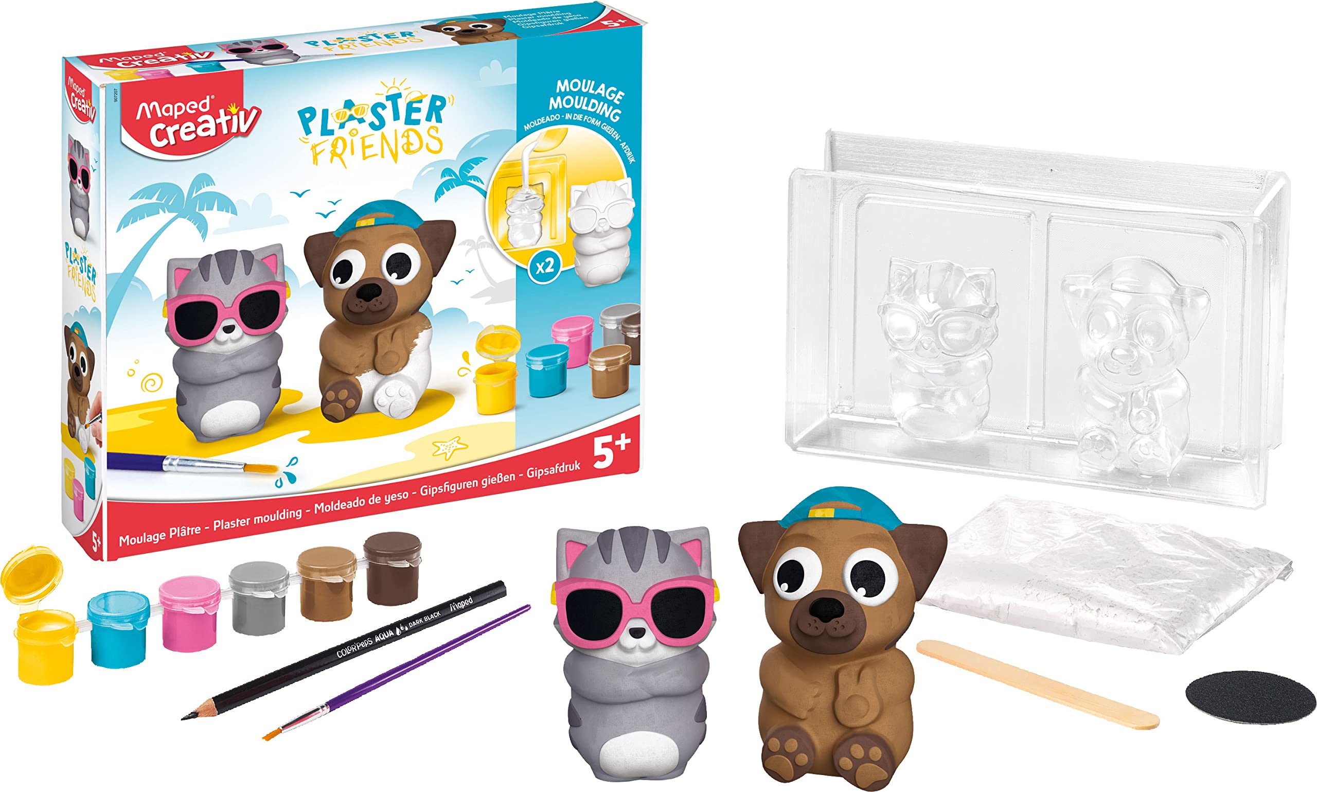 Maped CREATIV Figurine Set - Plaster Friends - Summer Theme - Cat and Dog - Children's Craft Activity Age 5+