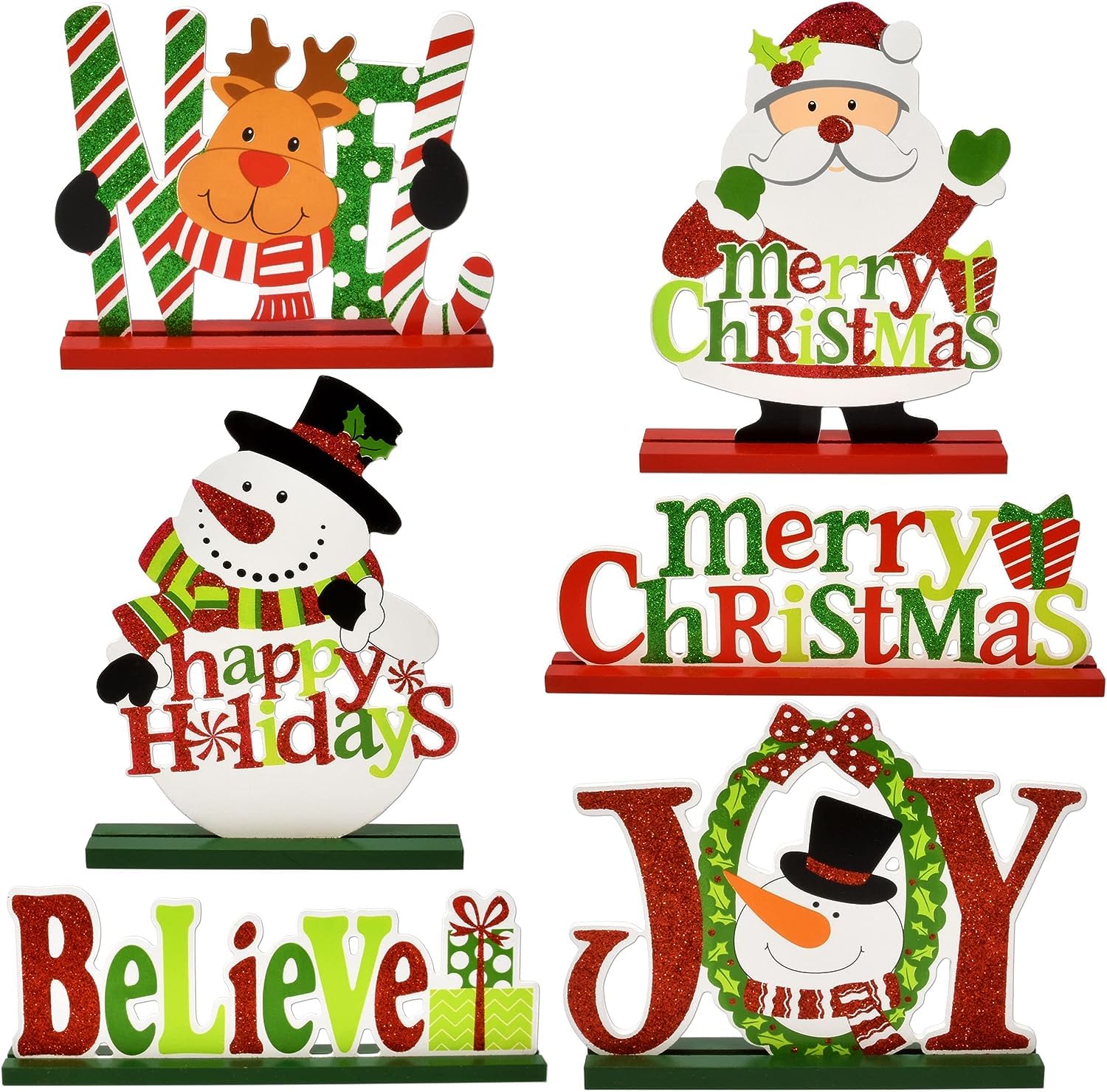 LATERN 6Pcs Christmas Table Decorations, Wooden Tabletop Christmas Sign Merry Christmas Joy Believe Sign Snowman Reindeer Centerpiece for Christmas Holiday Party Indoor Farmhouse Decoration