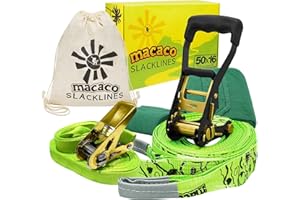 MACACO 52ft Slackline Kit for Kids and Adults | Beginner Friendly Slackline with Training Line | Slack Line Set with Tree Protectors, Cotton Carry Bag & Steel Ratchet | Outdoor Gym for Kids