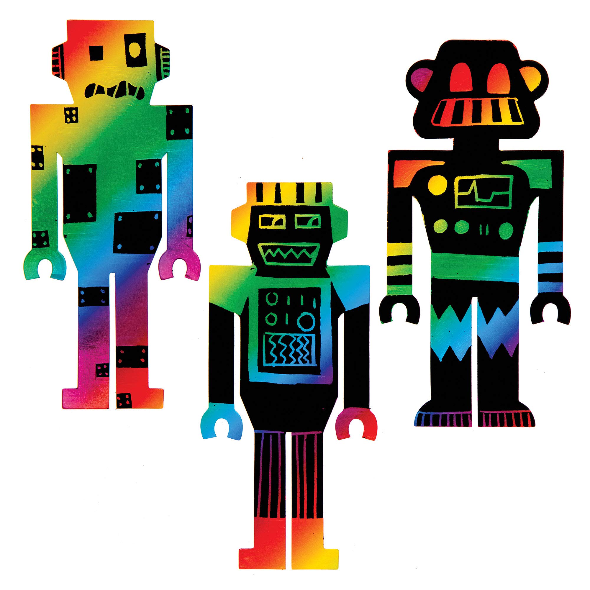 Baker Ross AT682 Robot Scratch Art Bookmarks - Pack of 10, Rainbow Scratch Paper with Stylus for Kids to Decorate in Arts and Crafts Activities