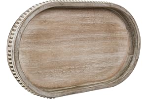 MAONAME Wood Serving Tray, Farmhouse Wooden Tray for Coffee Table, Oval Beaded Trays, Washed White Decorative Trays for Living Room, Kitchen, 15" X 9" X 1.2"