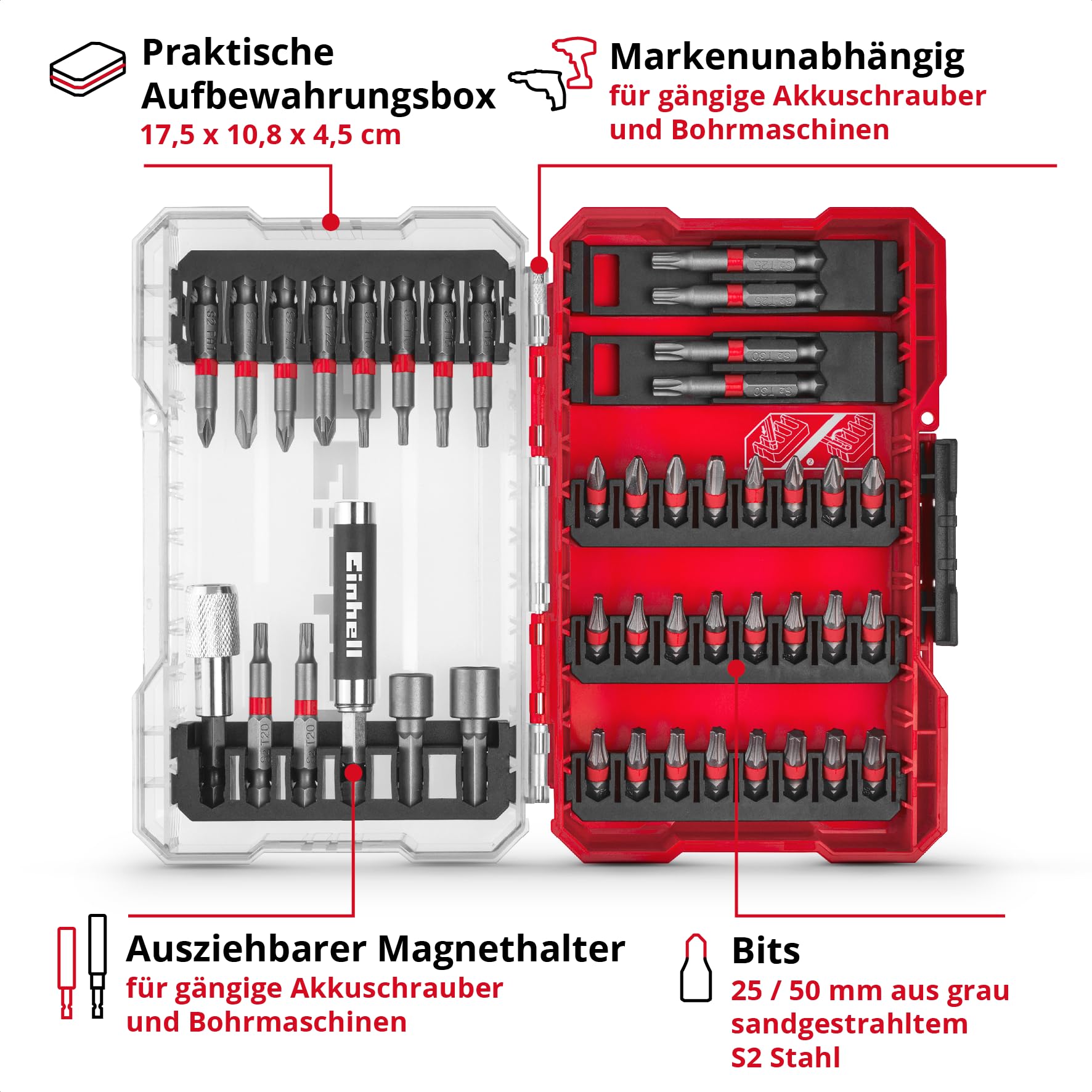 Original Einhell M-CASE 42-tlg. Bit-Set (25-mm-Bits, 50-mm-Bits, Magnethalter, Steckschlüssel, Schnellwechselbithalter inkl. Aufbewahrungsbox) 3