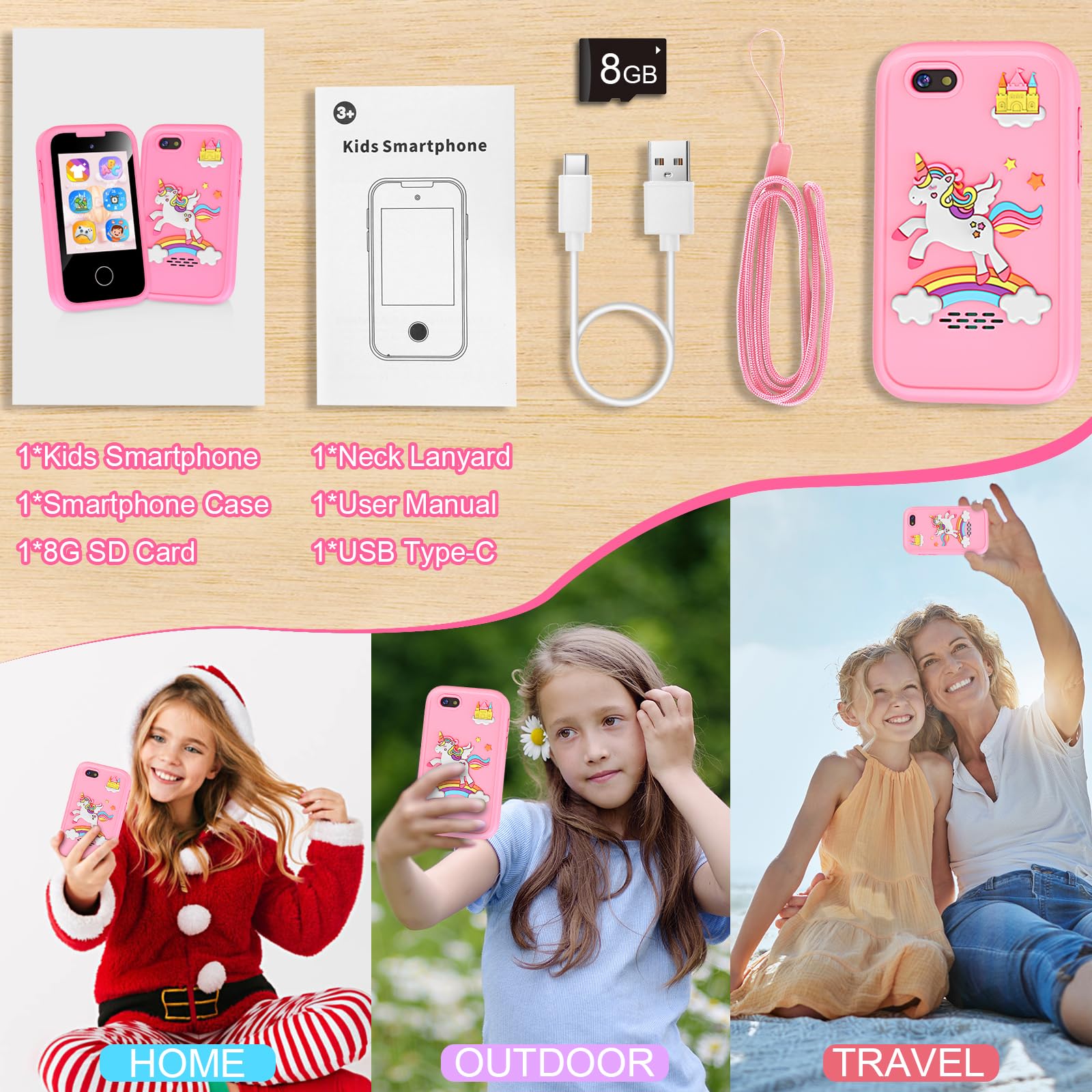 ASIUR Kids Smart Phone for Girls Children's Christmas Birthday Gift for Boys, Toddler Pretend Smartphone Play Fake Cellphone with Games, MP3 Music Player, 3 4 5 6 7 8 9 10 Years Old Toys(Pink)