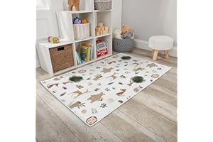 HawSkgFub Baby Toddler Boy Girl Boho Woodland Animal Playroom Area Rug, Forest Bear Fox Deer Owl Hedgehog Non Slip Nursery Play Mat Carpet, Neutral Kids Bedroom Living Room Watercolor Wood Decor