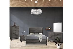 Kings Brand Furniture – Ambroise 5-Piece Queen Size Bedroom Set, Grey/Black. Bed, Dresser, Mirror, Chest & 1 Nightstand