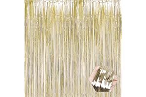 FERWZSR 3 Pack Light Gold Foil Fringe Curtain Backdrop, 3.28Ft x 8.2Ft Metallic Tinsel Foil Fringe Streamer Curtains for Photo Booth, Christmas Day, Thanksgiving, Wedding, New Year Party Decorations