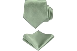 TIE G Solid Satin Woven dyed Color Formal Black Necktie and Pocket Square Sets in Gift Box, Sage Green, Reg