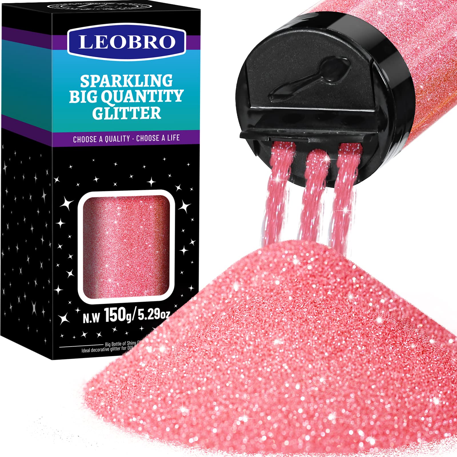 LEOBRO Pink Extra Fine Glitter, 150g/5.29oz, Metallic Powder for Resin, Crafts, DIY Tumbler Painting Art, 0.2MM
