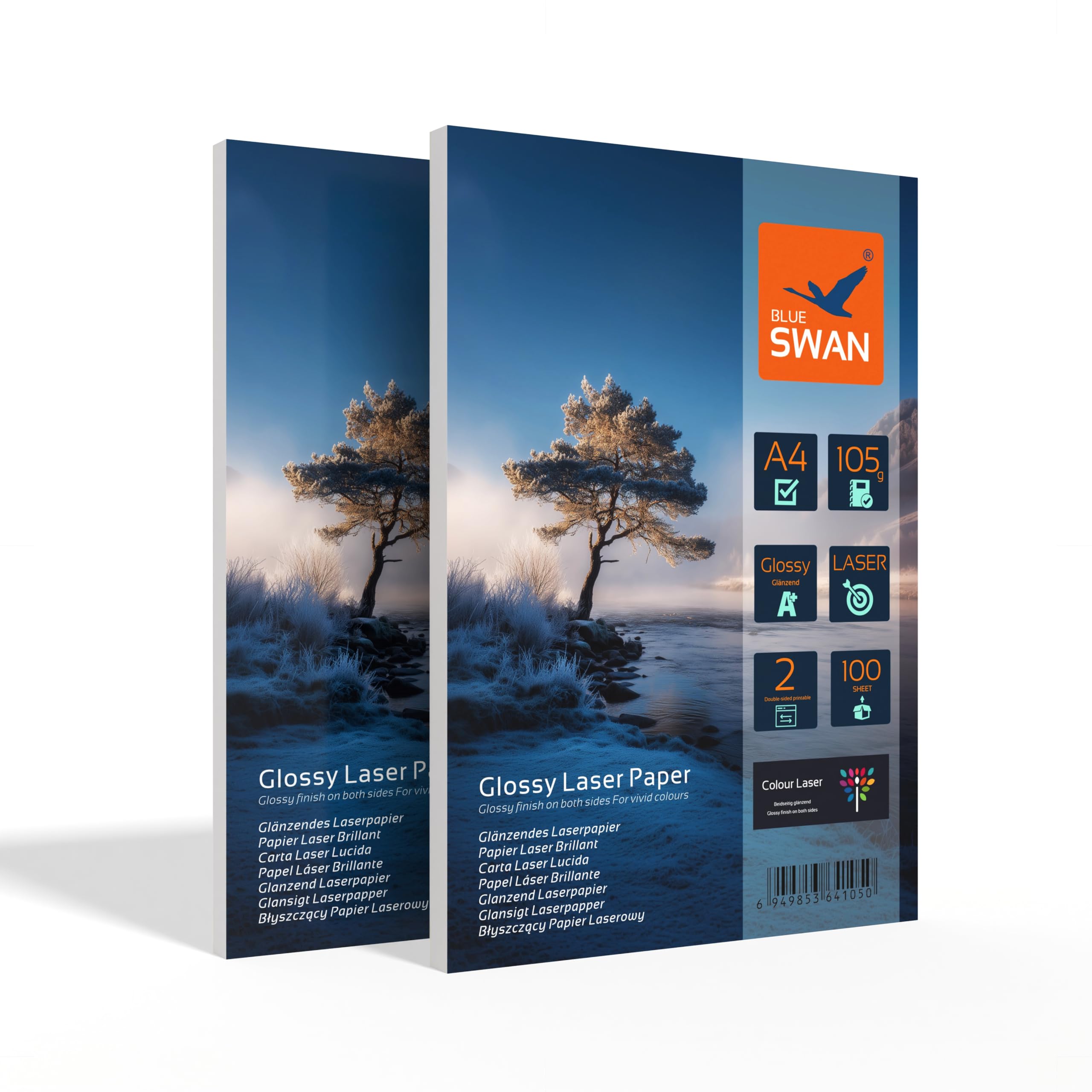 BLUE SWAN 200 Sheets of Colour Laser Photo Paper Flyer Paper A4, 105 g/m², Glossy, Double-Sided Glossy Coating, for All Standard/Colour Laser Printers/copiers