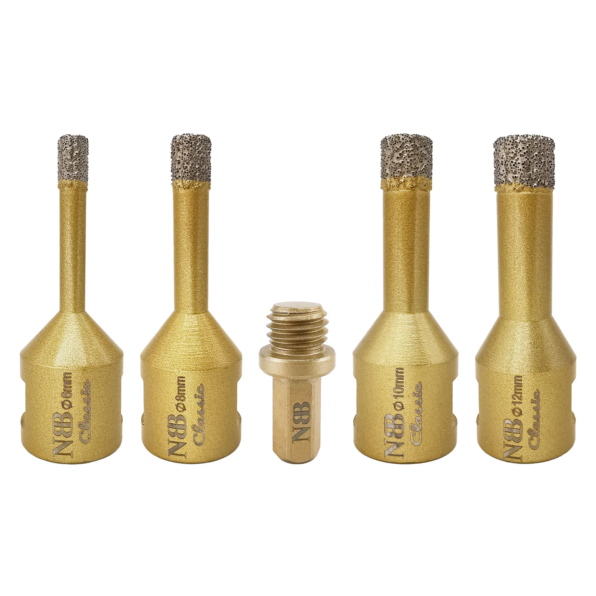 NBB vacuum brazed diamond hole saw with M14, Classic Golden type, diamond drill bit for dry or wet drilling on porcelain, ceramic, tile, granite, marble, for angle grinder (6/8/10/12mm+1pc Adaptor) — image 1