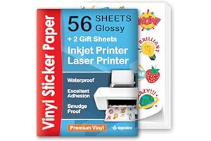 AGODEO Premium Printable Vinyl Sticker Paper for Inkjet & Laser Printer - 56 Sheets - Glossy White - Self-Adhesive Waterproof Sheets - Dries Quickly & Vivid Colors - Holds Ink Well - Tear Resistant