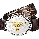 Western Cowboy Belts for Men Women,Western Belt with Bull Buckle, Country Longhorn Bull PU Leather Belt for Jeans