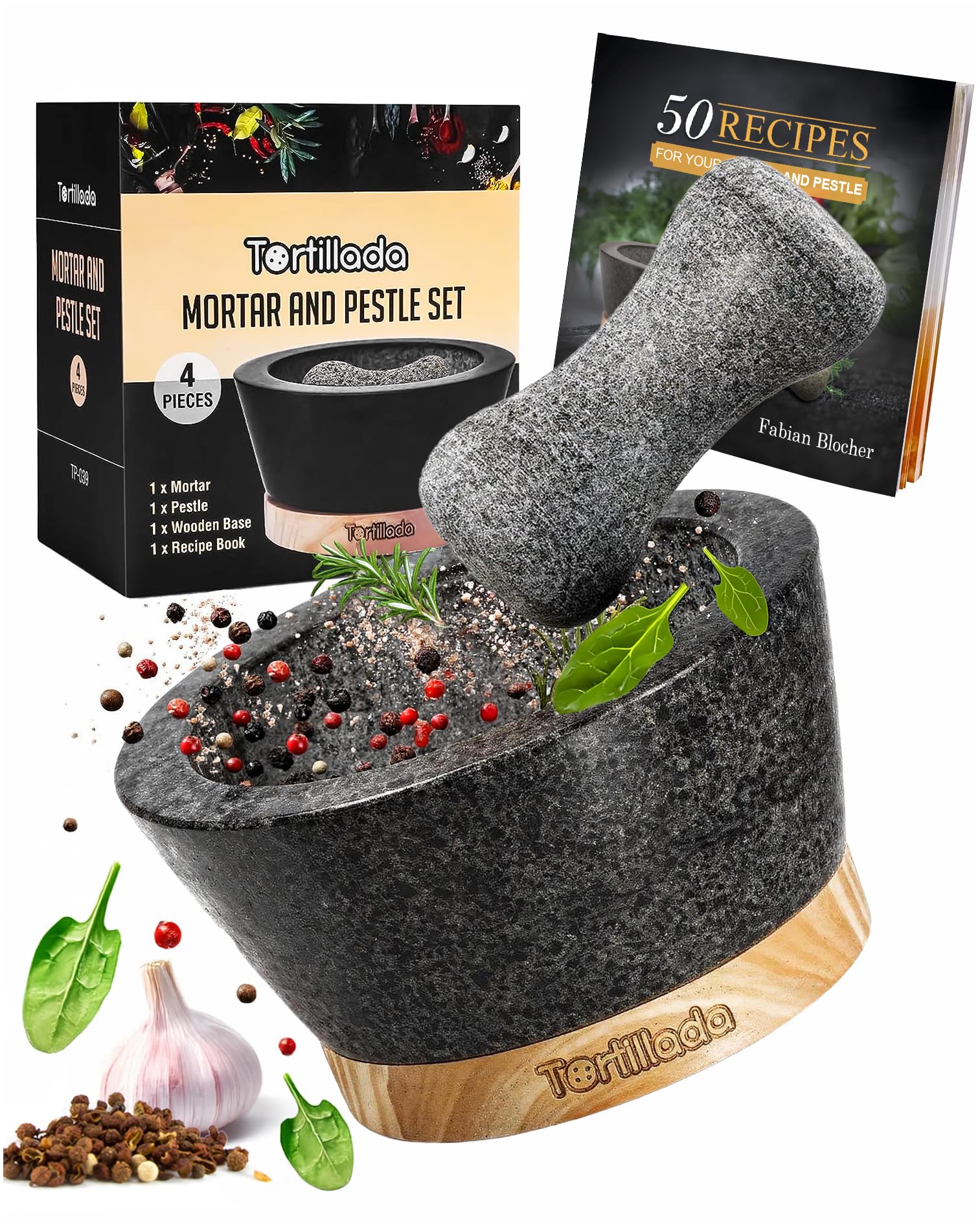 Tortillada – 16 cm Mortar and Pestle Set Large Made of Natural Granite with Anti-Scratch Wood Base Granite Spice Herb Grinder Pill Crusher with 50 Recipes, Black