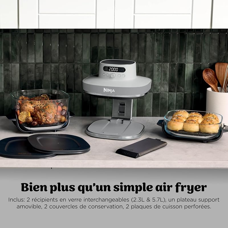 CRISPi PRO XL, Friteuse sans huile en verre, 5 modes de cuisson prédéfinis, avec contenants en verre CleanCrisp de 5,7 l et 2,3 l, couvercles de rangement, Blanc AS090EUWH