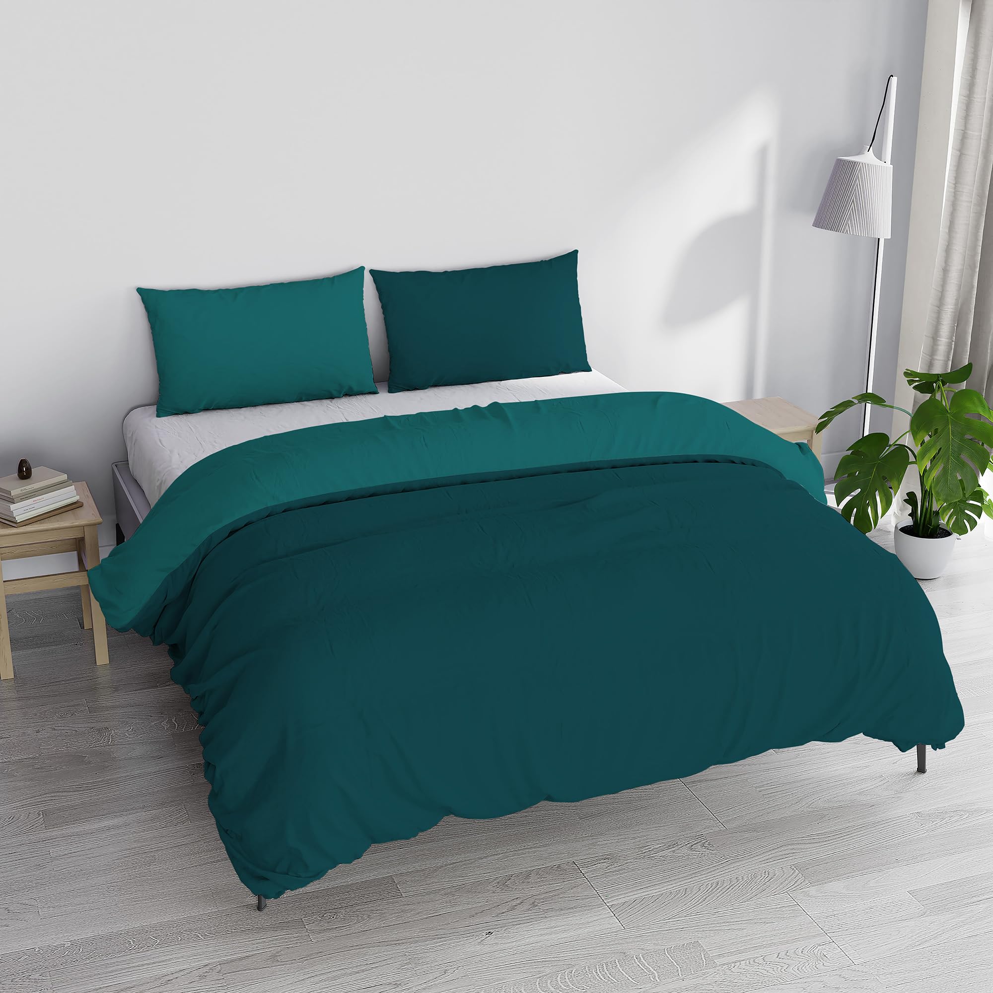 Italian Bed Linen Natural Color Duvet Cover Set, Cotton, Petroleum Green/Bottle Green, Queen-Size Bed