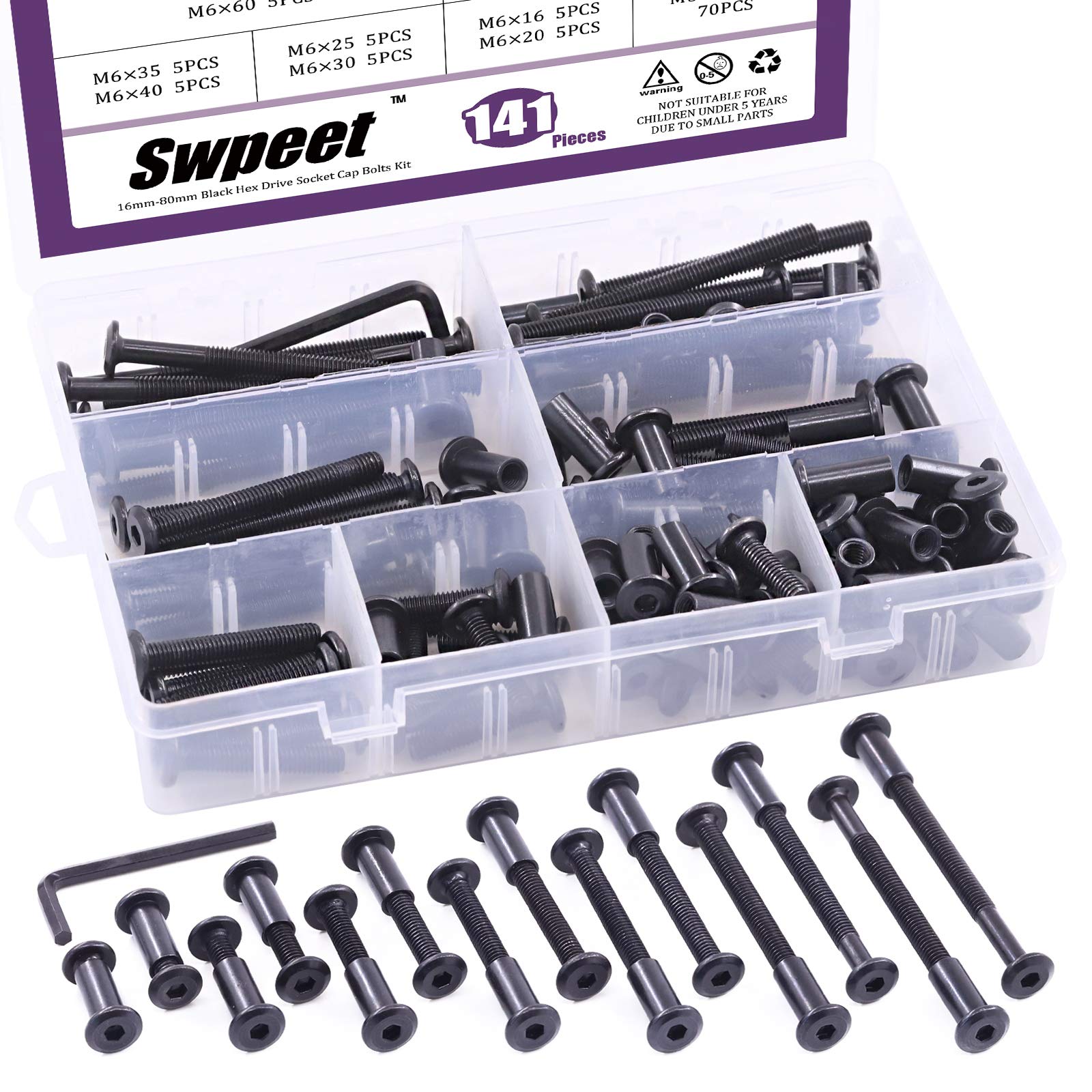 Swpeet 141Pcs 14 Different Sizes M6x16mm-80mm Carbon Steel Black Hex Drive Socket Cap Bolts Barrel Nuts Kit with 1Pcs Allen Wrench, Screw Post Fit for Furniture Countsunk Belt Leather Binding Bolts — image 1