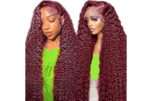 Kivolin 99j Burgundy Lace Front Wigs Human Hair 28 Inch Deep Wave Lace Front Wigs Human Hair Pre Plucked Red Curly Human Hair Wig 13x4 HD Colored Frontal Glueless Wet and Wavy Loose Deep Wave