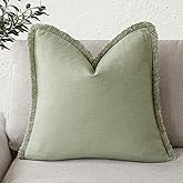 Foindtower Decorative Linen Fringe Throw Pillow Covers Cozy Boho Farmhouse Cushion Cover with Tassels Soft Accent Pillowcase for Chair Sofa Bed Living Room Home Decor, 20×20 Inch, 1PC,Light Sage Green