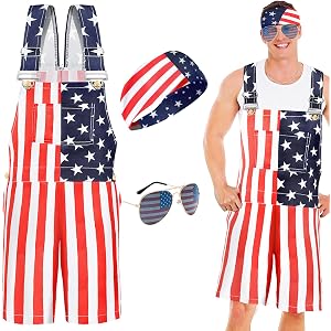 Buyzzus American Flag Bib Men Overalls Set 4th July Patriotic Shorts Romper Sunglasses Country Concerts Outfits