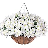 Artificial Hanging Flowers Faux Plants Basket for Outdoors Spring Summer Decor, Fake Silk Bougainvillea in Planter Outdoor Look Real UV Resistant Faux Flower for Outside Porch Patio Garden Home, White