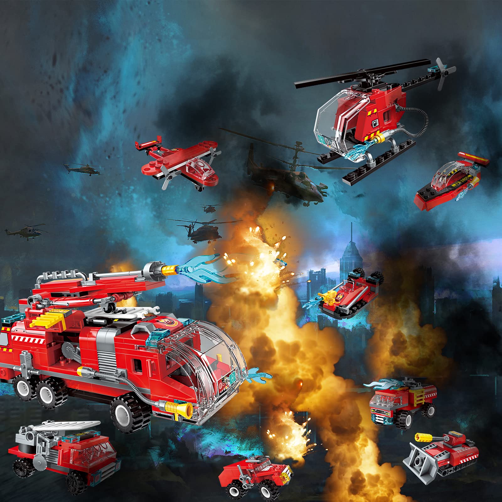 City Fire Truck Building Kit, Kompatibel mit Lego City Fire Truck 8-in-1- Klemmbausteine Baustein, Helicopter Toys Building Sets für Erwachsene 14+ 2