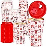 Whaline 50 Set Valentine's Day Disposable Coffee Cups with Lids Paper Cup Pink Red Bow Drinking Cups for Birthday Wedding Valentine Party Supplies