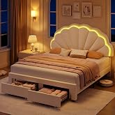 Girls Full Upholstered LED Bed Frame with Petal Headboard &amp; Storage, Beige | Adjustable Headboard w/Double-Petal Style,Soft Velvet,Large Drawer,Needn't Box Spring,Easy Assembly,No-Noise,for Girl Bedroom
