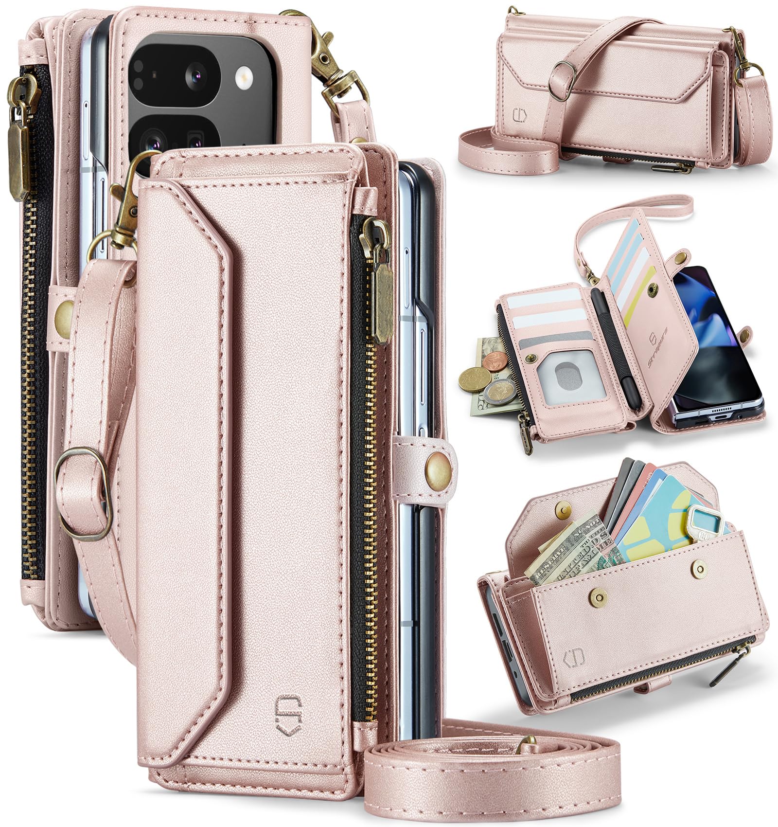 Photo 1 of Strapurs Crossbody Wallet Case Compatible with Google Pixel 9 Pro Fold RFID Blocking 10-Card Holder Soft PU Leather Magnetic Snap Shoulder Strap Zipper Phone Case Fit for Pixel 9 Pro Fold - Rose Gold
