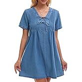 CIMUK Women's Denim Dress Short Sleeve V Neck with Pockets Casual Mini Jean Dresses