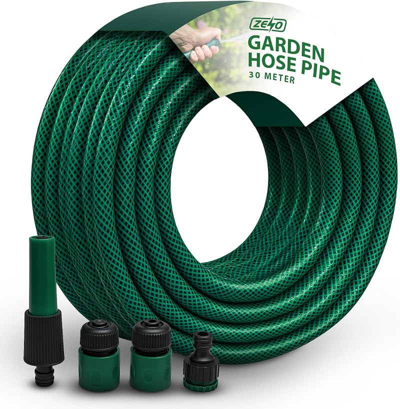 ZENO Reinforced Garden Hose Pipe 30M with Spray Nozzle Fittings