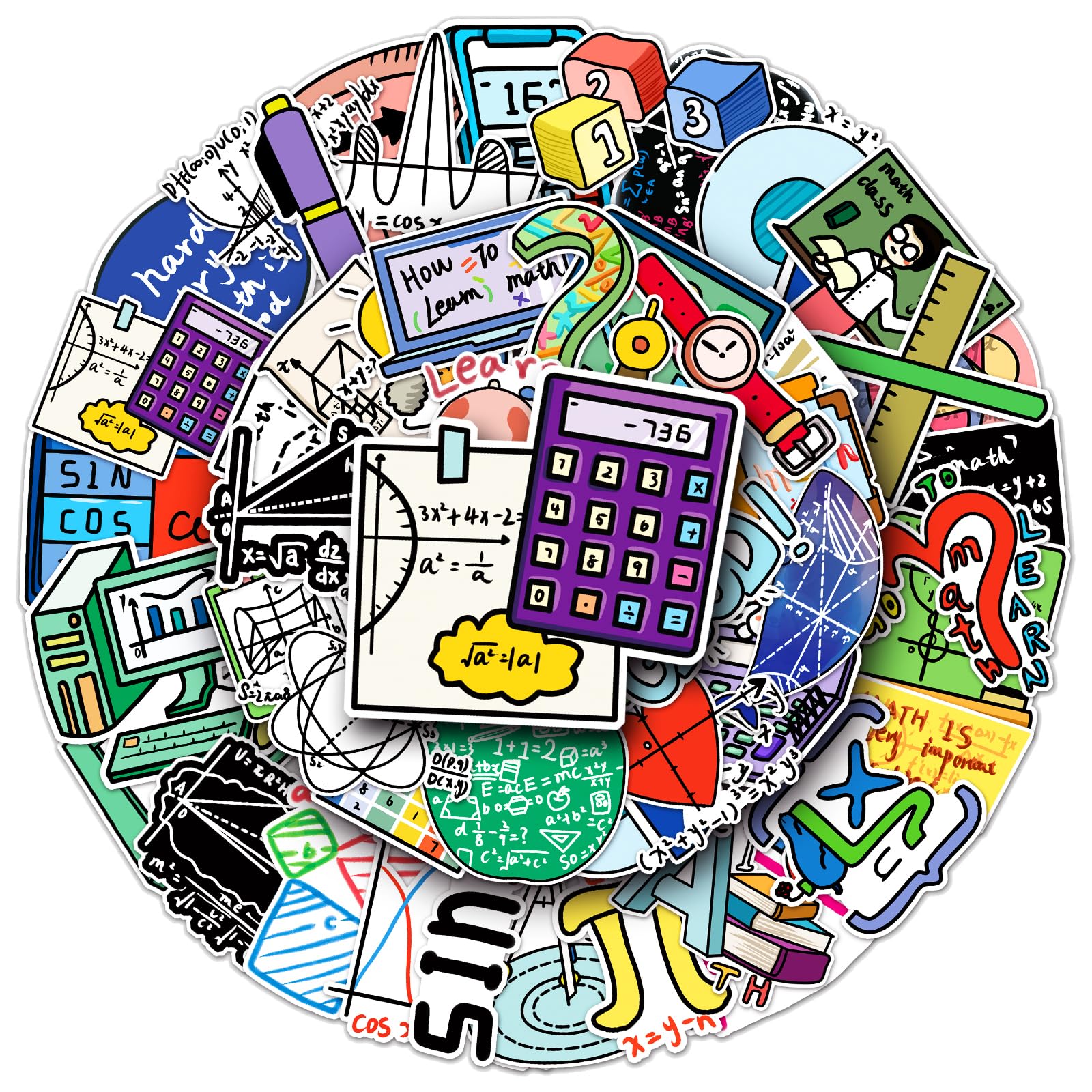 Maths Stickers for Kids Students, 50PCS Algebra Geometry Decals for Water Bottles Laptops Scrapbooking - Waterproof Vinyl Stickers for Teens, Adults & Teachers