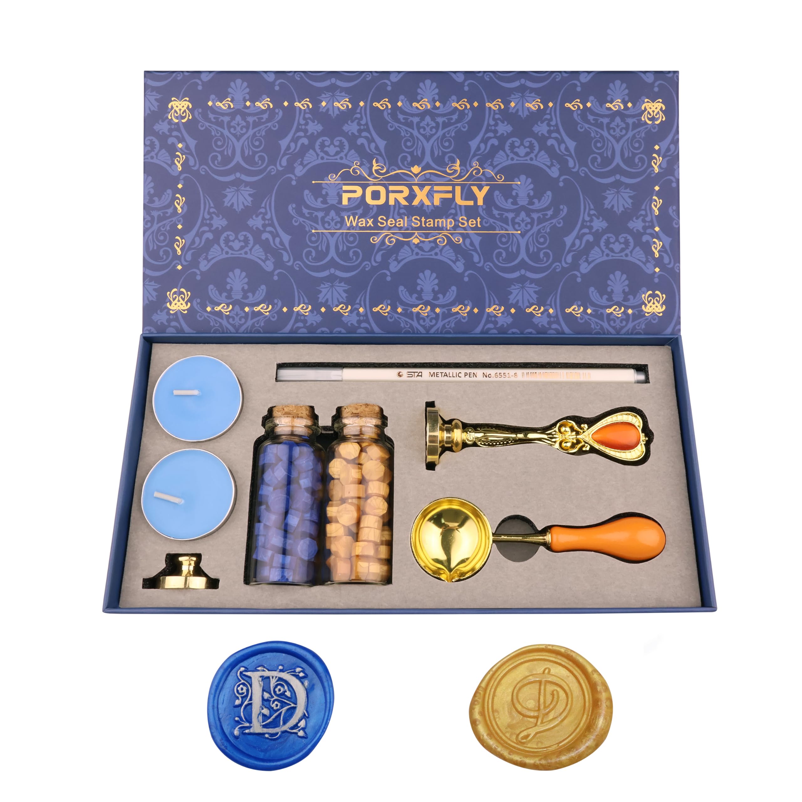 PORXFLY 2 Pieces Letter D Wax Seal Stamp Set,Initial Alphabet Wax Seal Stamp Kit Vintage Gift Box, A to Z Letter Series Stamp for Wedding Invitations, Envelopes, Gift Wrapping (D)