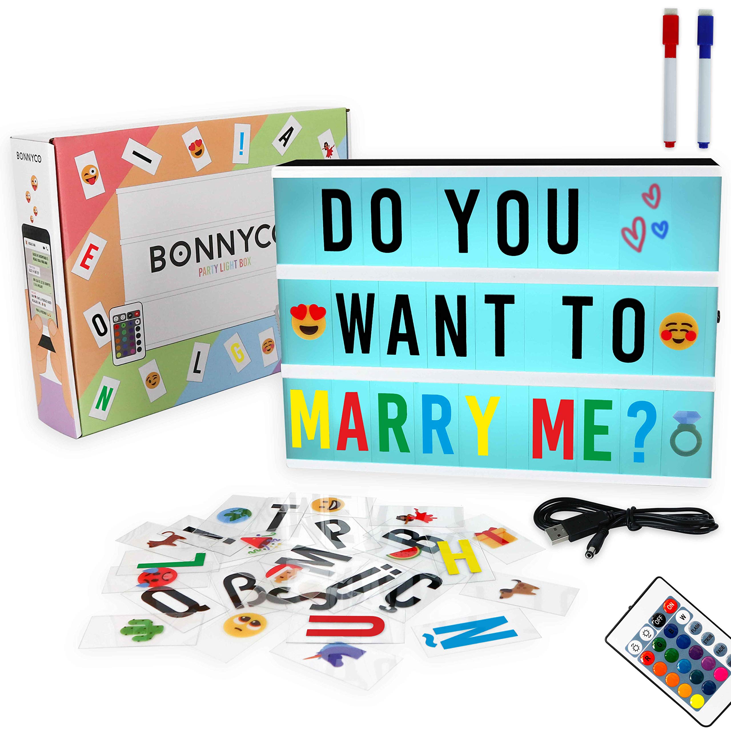 BONNYCO Cinema Light Box Color Changing with 400 Letters and Emojis, Remote Control and 2 Markers. Led Light Box 16 Colors Home Office, Room Decor. Led Letters Board, Gifts for Women Men, Christmas