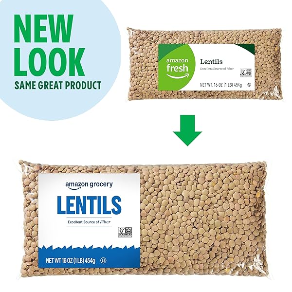 AMAZON GROCERY, LENTILS, NON GMO, EXCELLENT SOURCE OF FIBER, 16 OZ