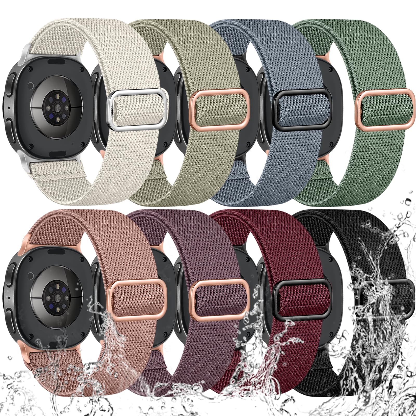 8 Pack Stretchy Band Compatible with Samsung Galaxy Watch 8 Band 40mm 44mm, Samsung Galaxy Watch 8 Classic 46mm, Soft Nylon Fabric Water-Resistant Elastic Solo Loop Sport Replacement Straps for Women Men