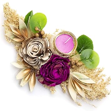 HomeSquare Tealight Holder Floral Diwali Diya with Artificial Flowers & Tea Lights