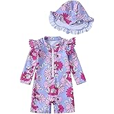 Toddler Girl Swimsuit Baby Girl Bathing Suit Long Sleeve Floral Zipper One-Piece Rash Guard Swimsuit with Hat
