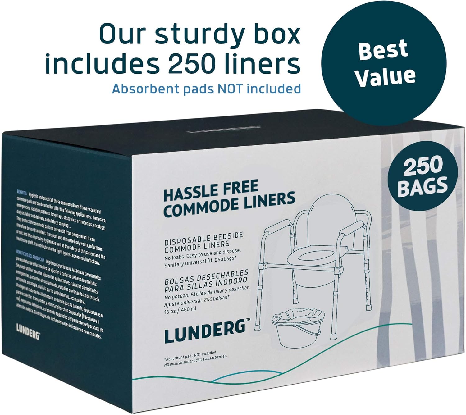 Lunderg Commode Liners - Value Pack 250 Count Universal Fit - Medical Grade Bedside Commode Liners Disposable for Adult Commode Chair, Portable Toilet Bags or Camping Toilet Bags: Health & Personal Care