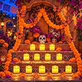 20 Pcs Day of The Dead Decorations Dia De Los Muertos Decor, Orange | 2 Marigold Garlands 6 Monarch Butterflies 12 Flameless Votives Candles for Diwali Dia De Los Muertos Altar Ofrenda Decor