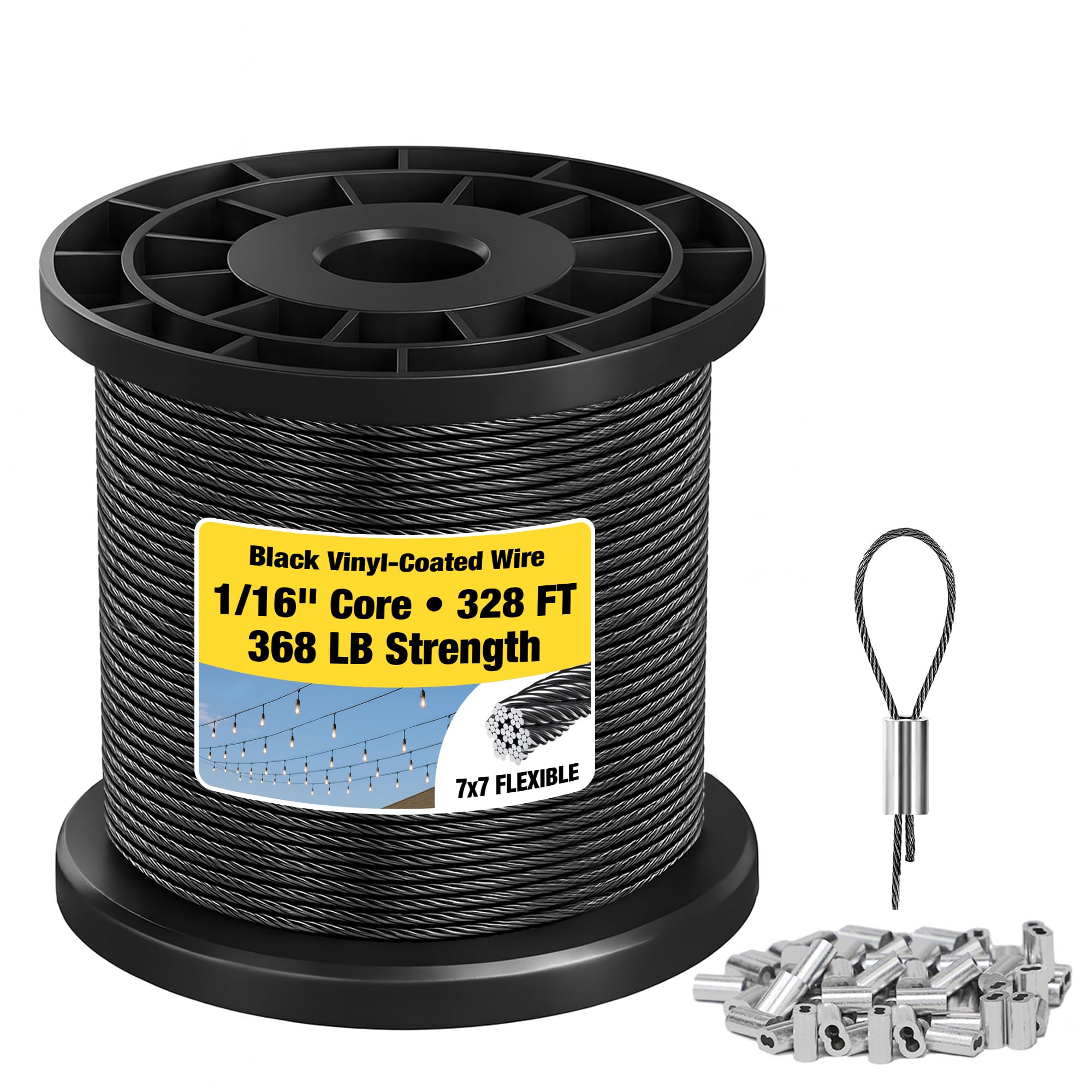 Photo 1 of 1/16” Wire Rope – 328FT 304 Stainless Steel Cable, 7x7 Flexible 368lbs Breaking Strength, Black Vinyl Coated with 150 Crimp Sleeves for String Lights, Garden Trellis, DIY Projects, Picture Hanging