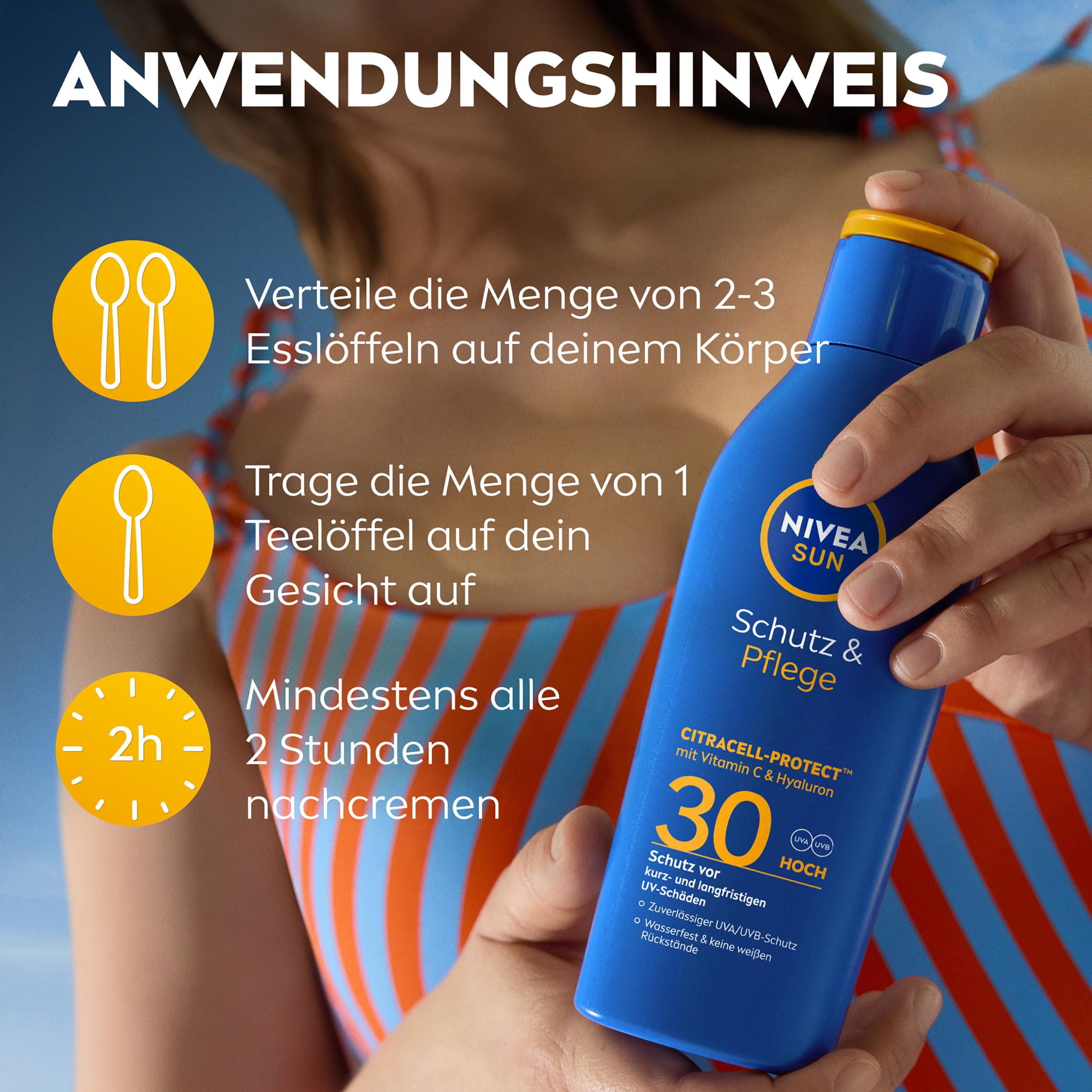 NIVEA SUN Schutz & Pflege Sonnenlotion LSF 30, wasserfester Sonnenschutz mit Vitamin C & Hyaluron, schnell einziehende Sonnencreme für 48h Feuchtigkeit ohne weißen Film (200 ml) 5